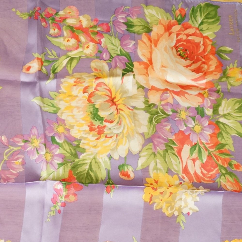 Ralph Lauren Purple Striped Foxglove Floral Print 100% Silk Scarf
